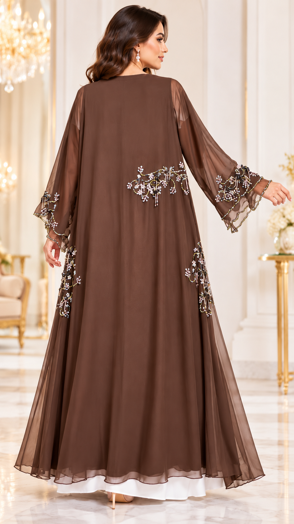 Delicate Floral Beaded Shiphon Open Abaya - AF1059 - Brown - View 7