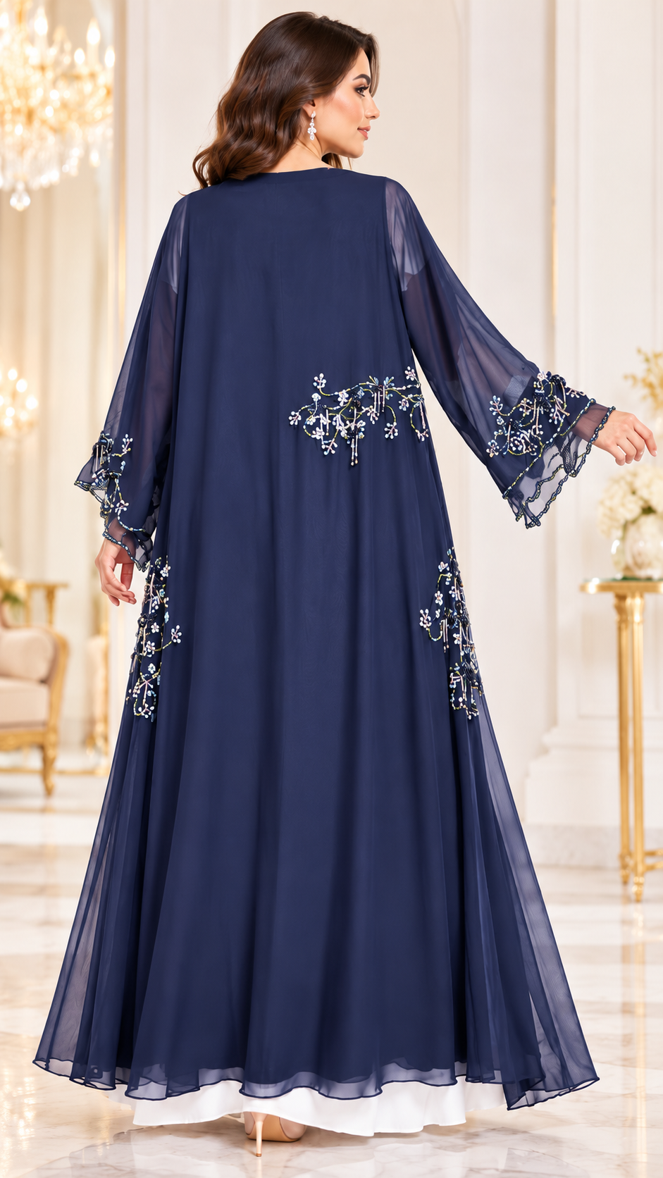 Delicate Floral Beaded Shiphon Open Abaya - AF1059 - Navy Blue - View 8
