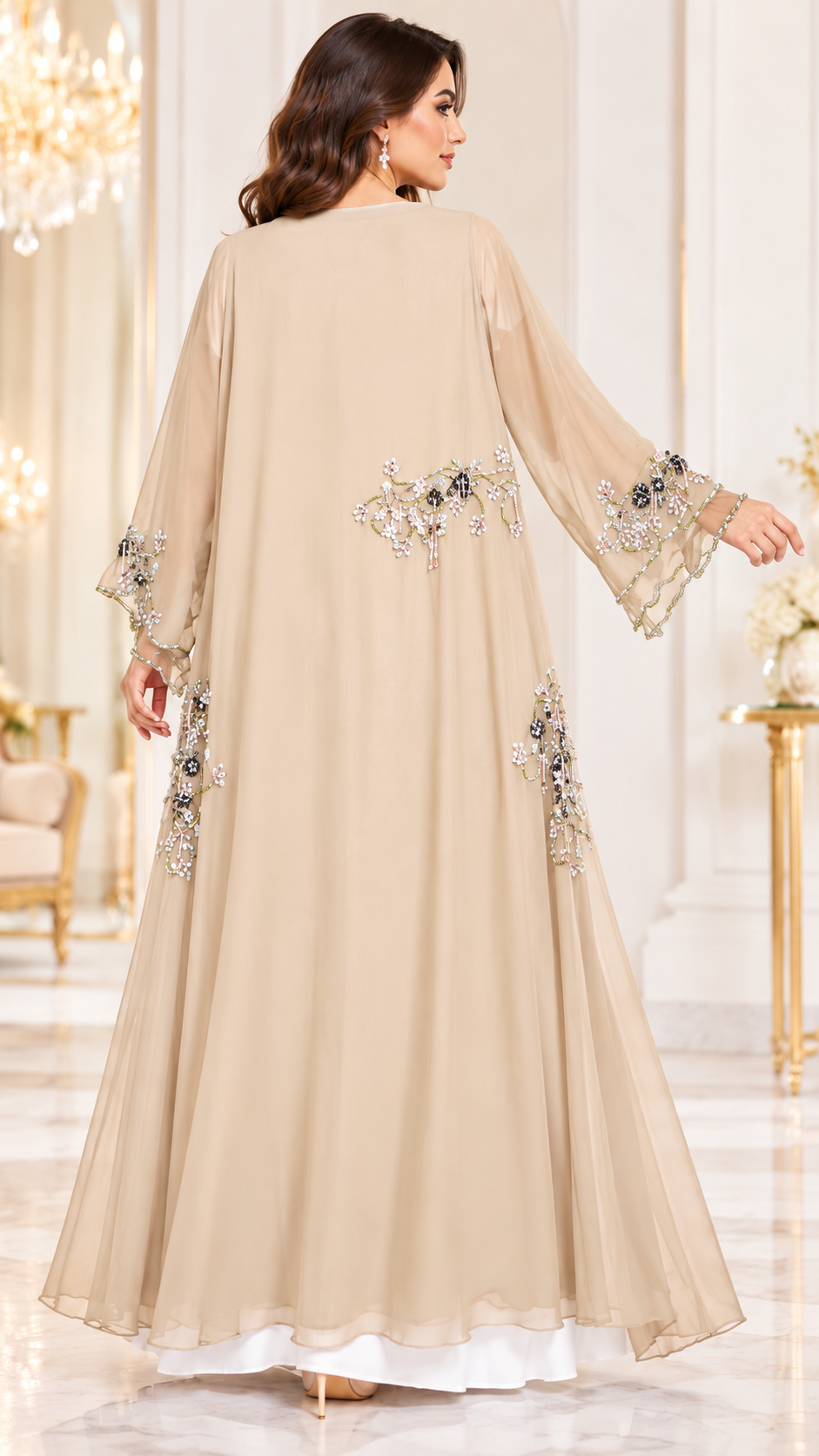 Delicate Floral Beaded Shiphon Open Abaya - AF1059 - Beige - View 9