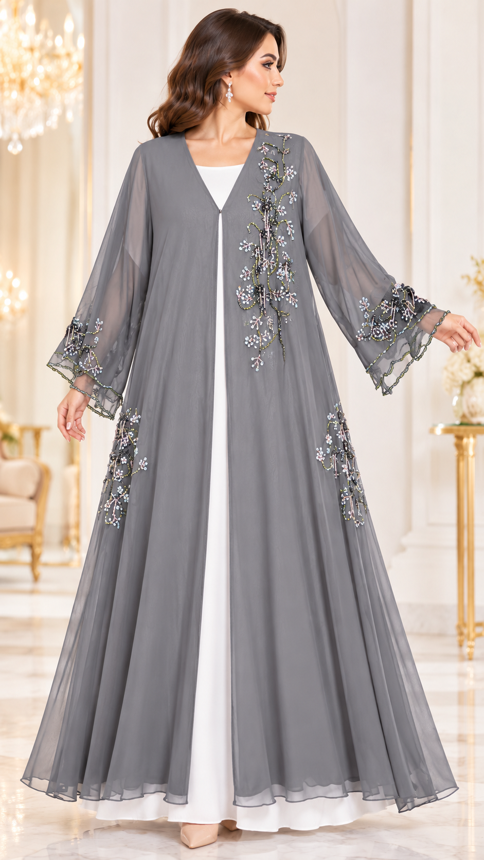 Delicate Floral Beaded Shiphon Open Abaya - AF1059 - Grey - View 10