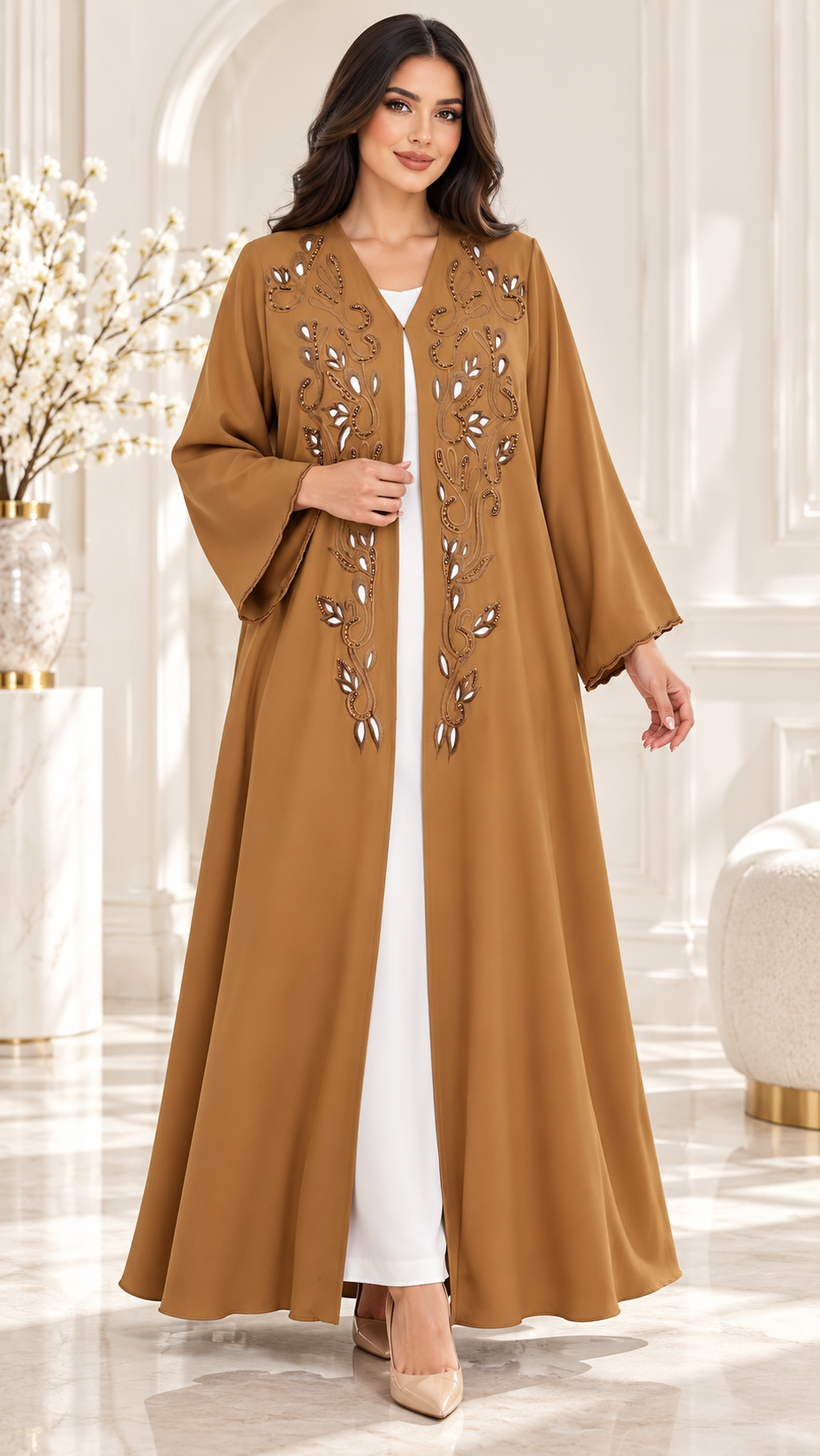 Leaf and Scroll Embellished Ela Open Abaya - AF1060 - Camel - View 1