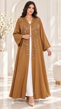 Leaf and Scroll Embellished Ela Open Abaya - AF1060 - Camel - View 1