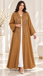 Leaf and Scroll Embellished Ela Open Abaya - AF1060 - Camel - View 1