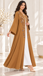 Leaf and Scroll Embellished Ela Open Abaya - AF1060 - Camel - View 2