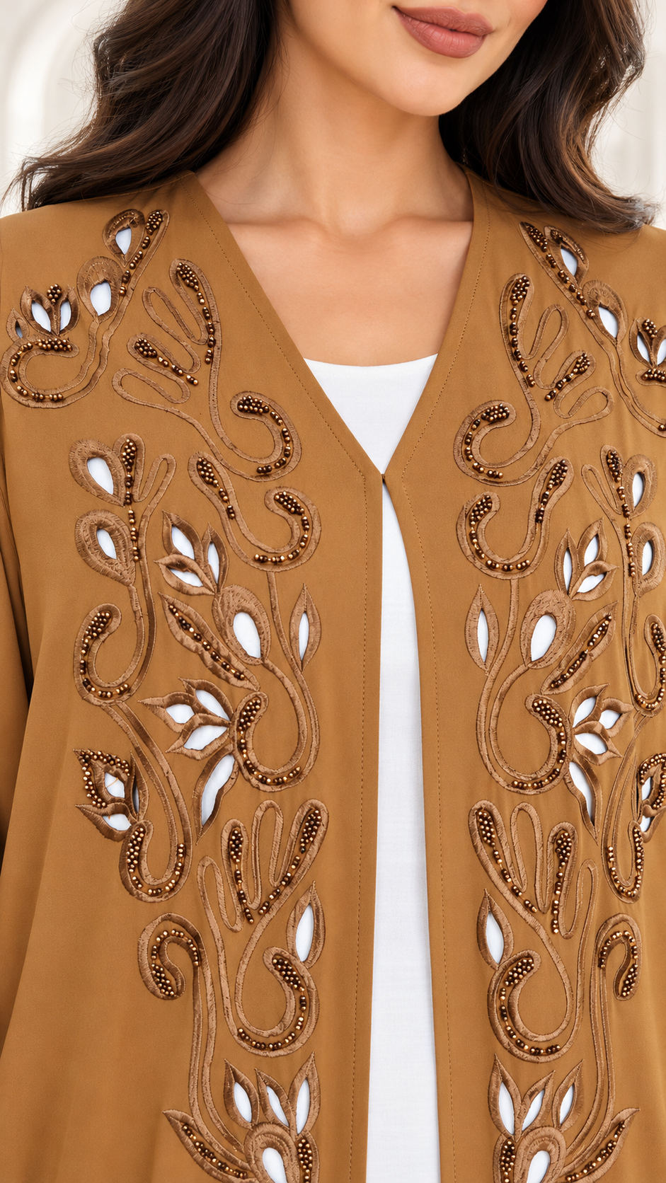 Leaf and Scroll Embellished Ela Open Abaya - AF1060 - Camel - View 4