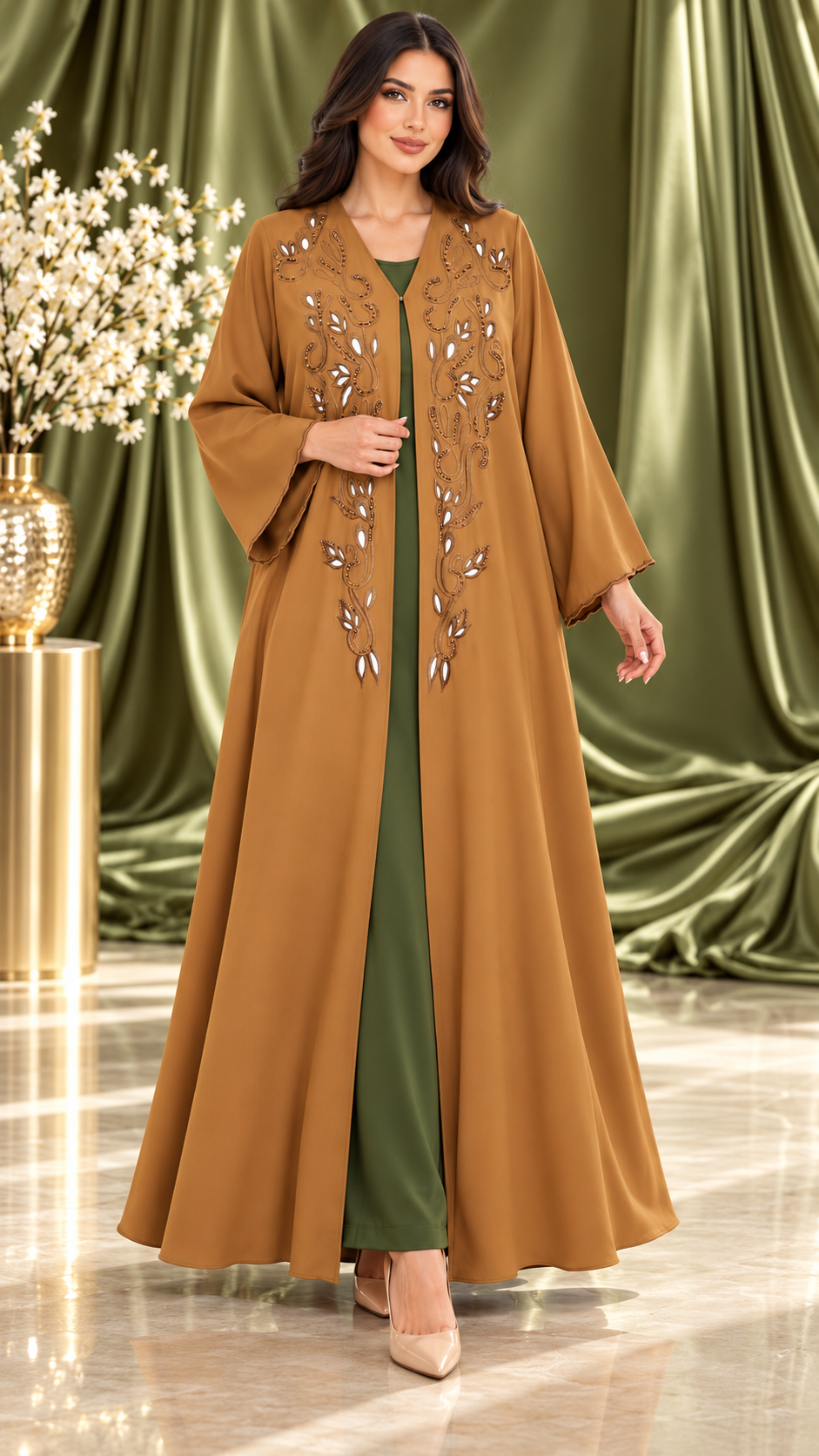 Leaf and Scroll Embellished Ela Open Abaya - AF1060 - Camel - View 5