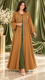 Leaf and Scroll Embellished Ela Open Abaya - AF1060 - Camel - View 5
