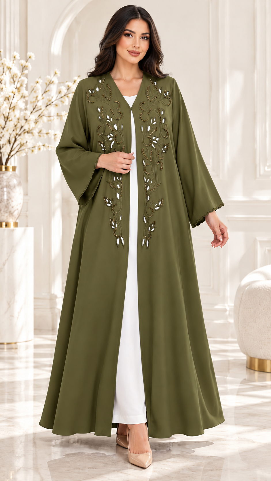 Leaf and Scroll Embellished Ela Open Abaya - AF1060 - Olive Green - View 6