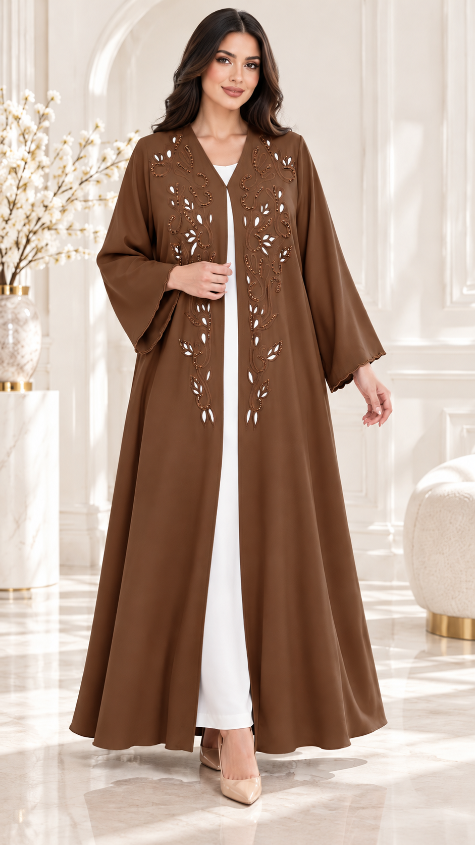 Leaf and Scroll Embellished Ela Open Abaya - AF1060 - Brown - View 7