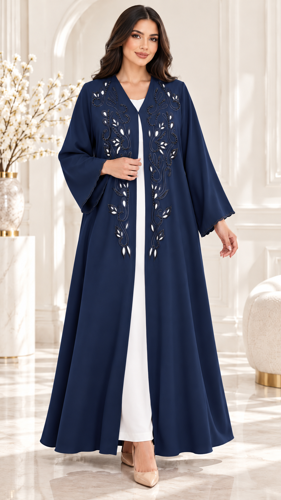 Leaf and Scroll Embellished Ela Open Abaya - AF1060 - Navy Blue - View 8