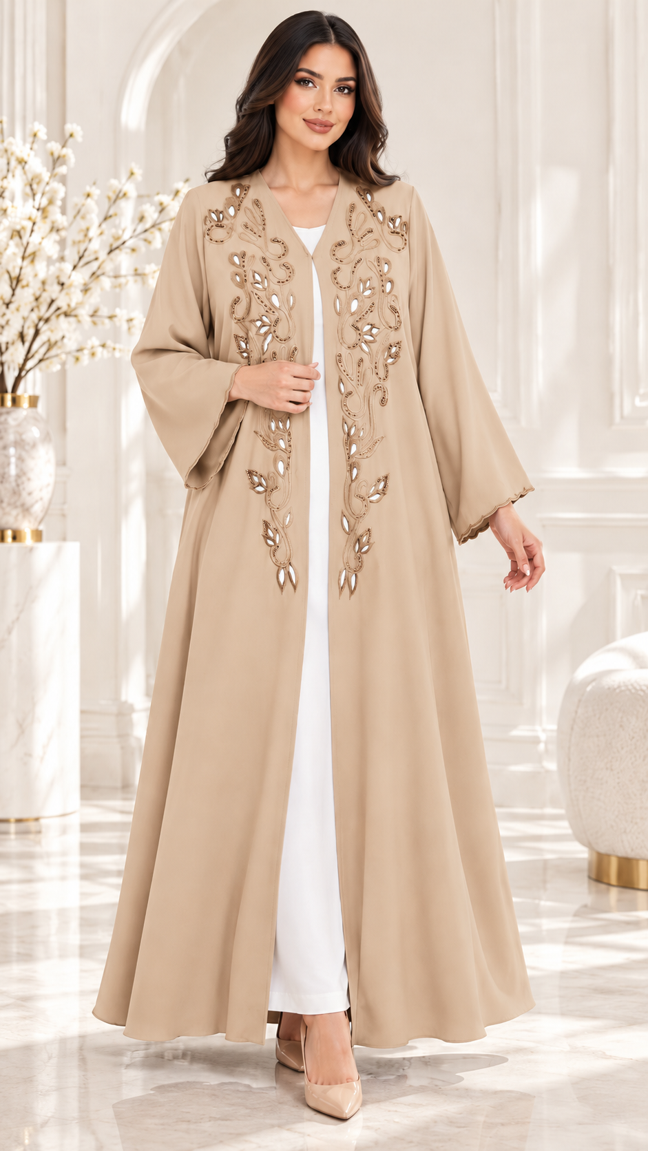 Leaf and Scroll Embellished Ela Open Abaya - AF1060 - Beige - View 9