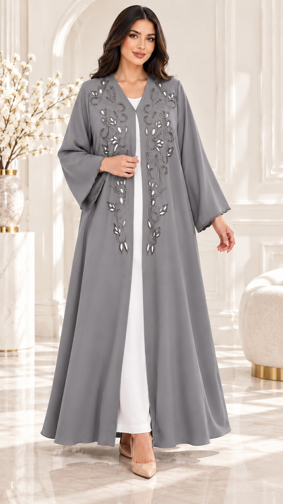 Leaf and Scroll Embellished Ela Open Abaya - AF1060 - Grey - View 10