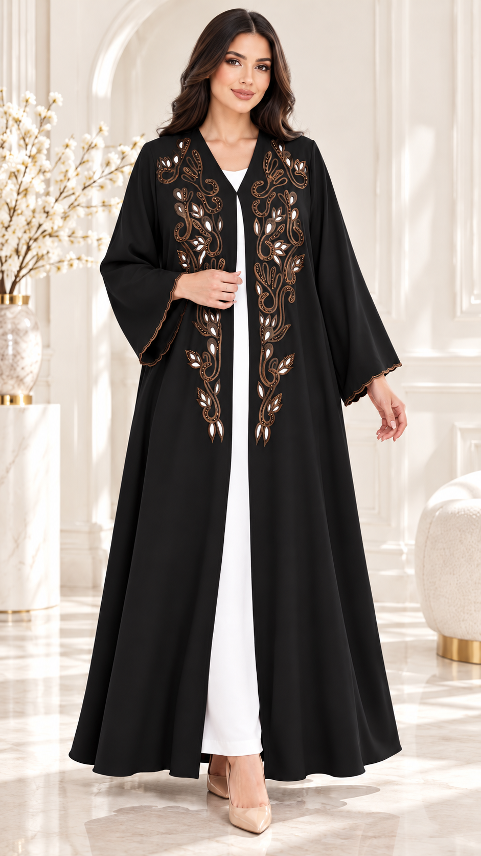 Leaf and Scroll Embellished Ela Open Abaya - AF1060 - Black - View 11