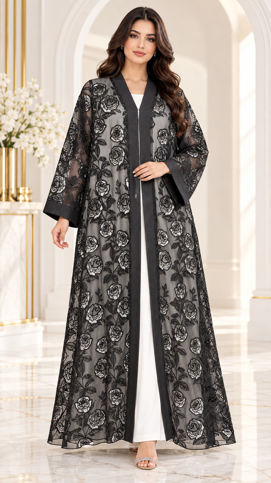 All-Over Rose Organza Dantel Black Open Abaya - AF1061 - Black - View 1