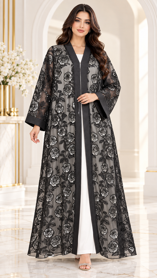 All-Over Rose Organza Dantel Black Open Abaya - AF1061 - Black - View 1