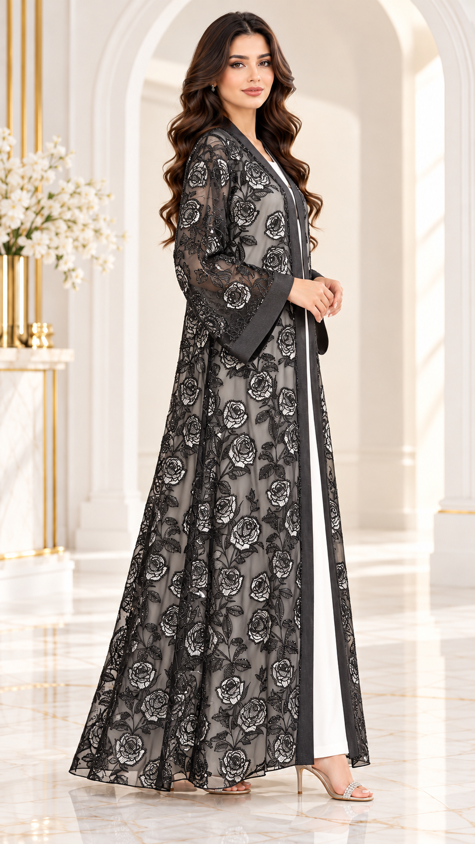 All-Over Rose Organza Dantel Black Open Abaya - AF1061 - Black - View 2