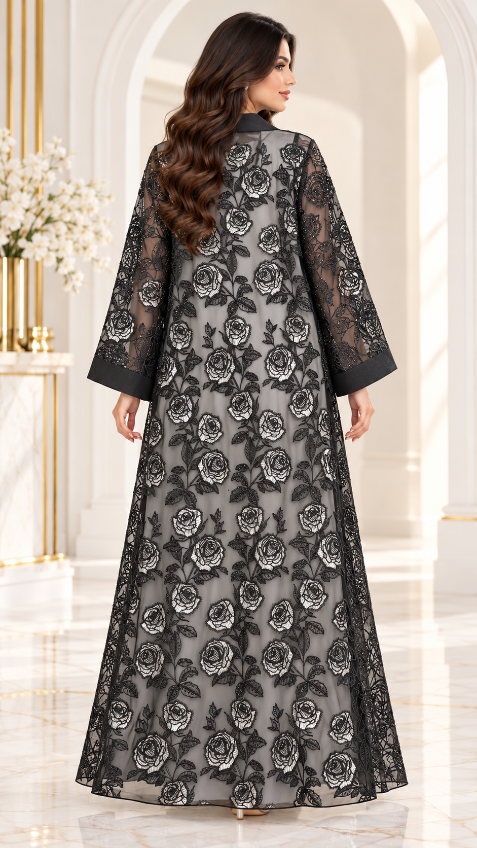 All-Over Rose Organza Dantel Black Open Abaya - AF1061 - Black - View 3