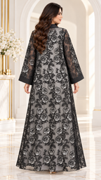 All-Over Rose Organza Dantel Black Open Abaya - AF1061 - Black - View 3