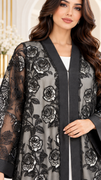 All-Over Rose Organza Dantel Black Open Abaya - AF1061 - Black - View 4