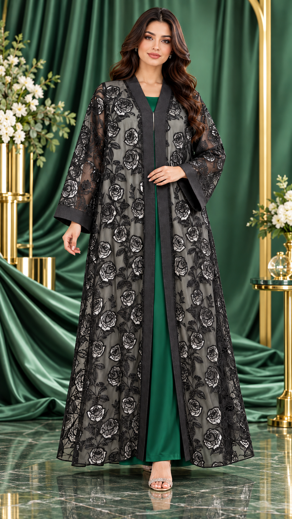 All-Over Rose Organza Dantel Black Open Abaya - AF1061 - Black - View 5