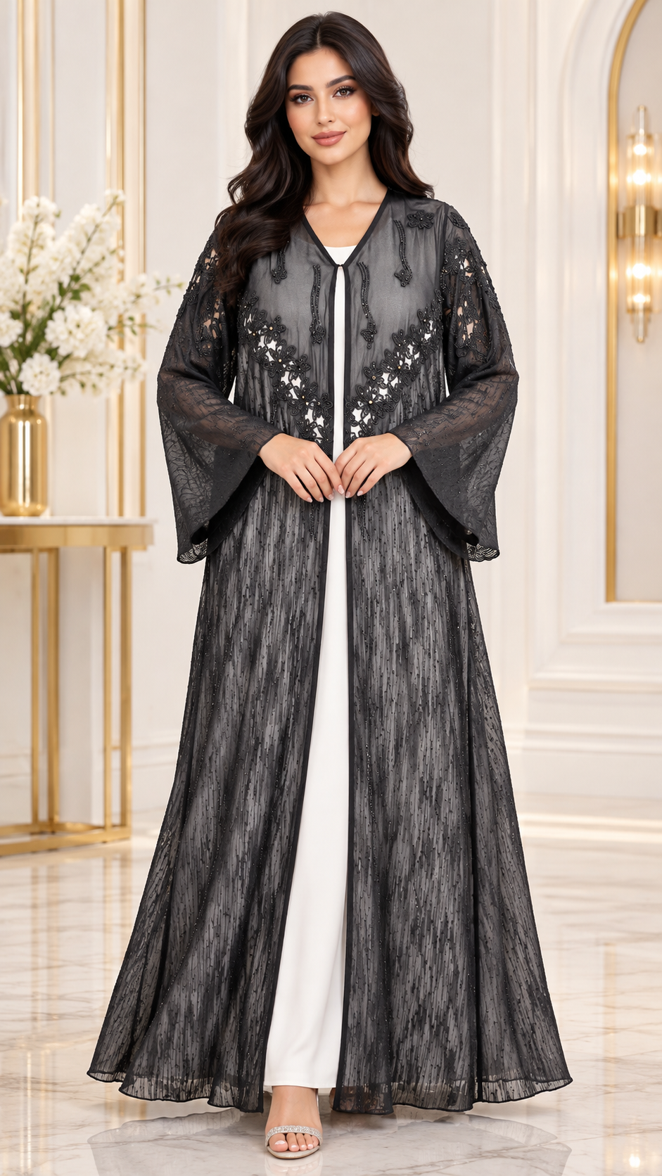 Floral Chevron Naksha Sheer Black Open Abaya - AF1062 - Black - View 1