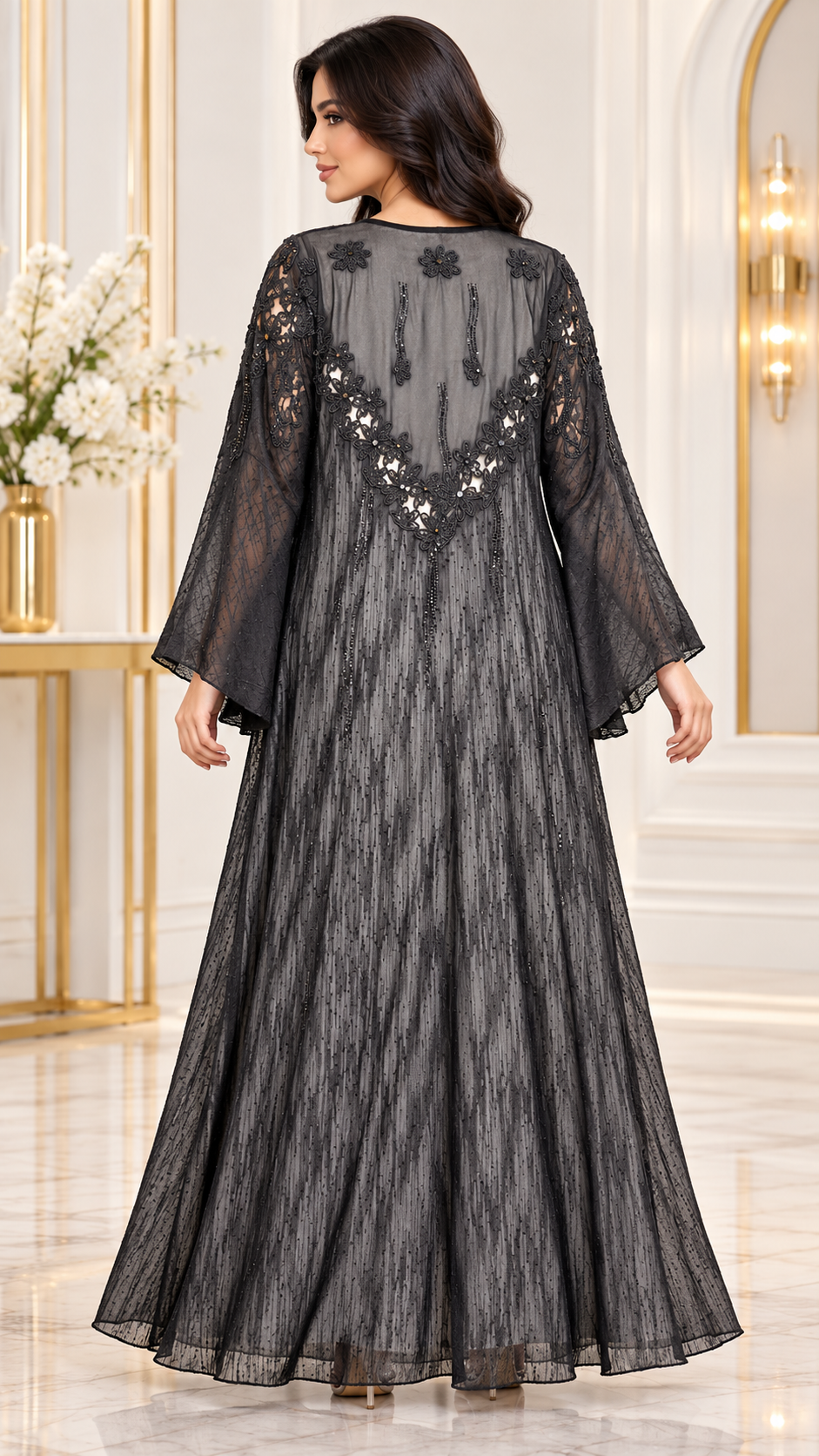 Floral Chevron Naksha Sheer Black Open Abaya - AF1062 - Black - View 3