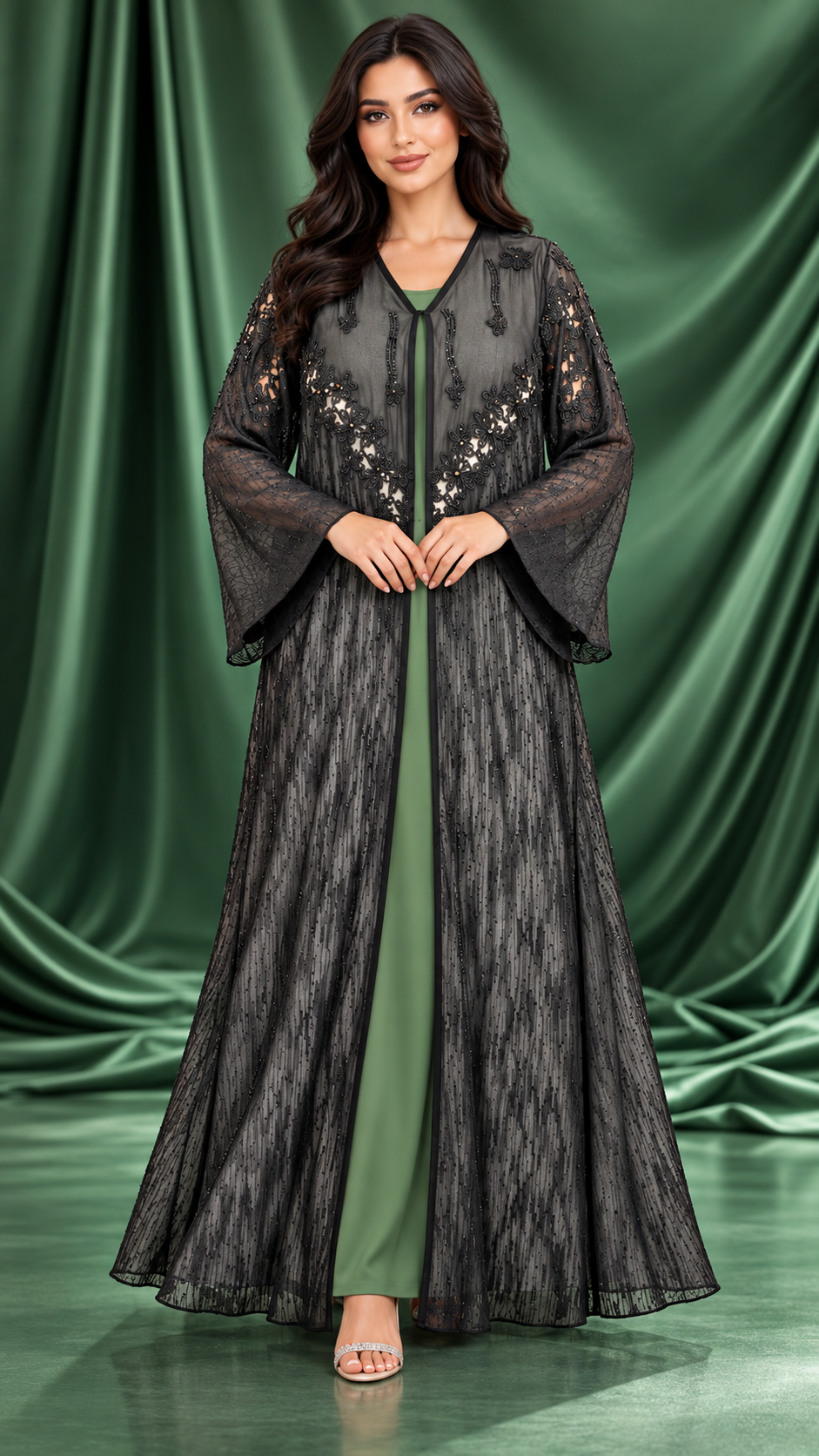 Floral Chevron Naksha Sheer Black Open Abaya - AF1062 - Black - View 5