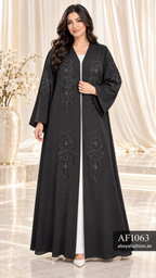 Tonal Ornamental Embroidered Open Abaya - AF1063 - Black - View 1