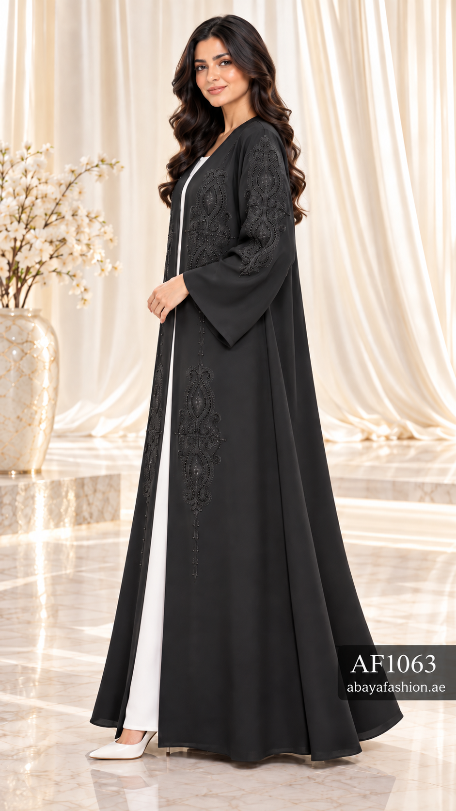 Tonal Ornamental Embroidered Open Abaya - AF1063 - Black - View 2