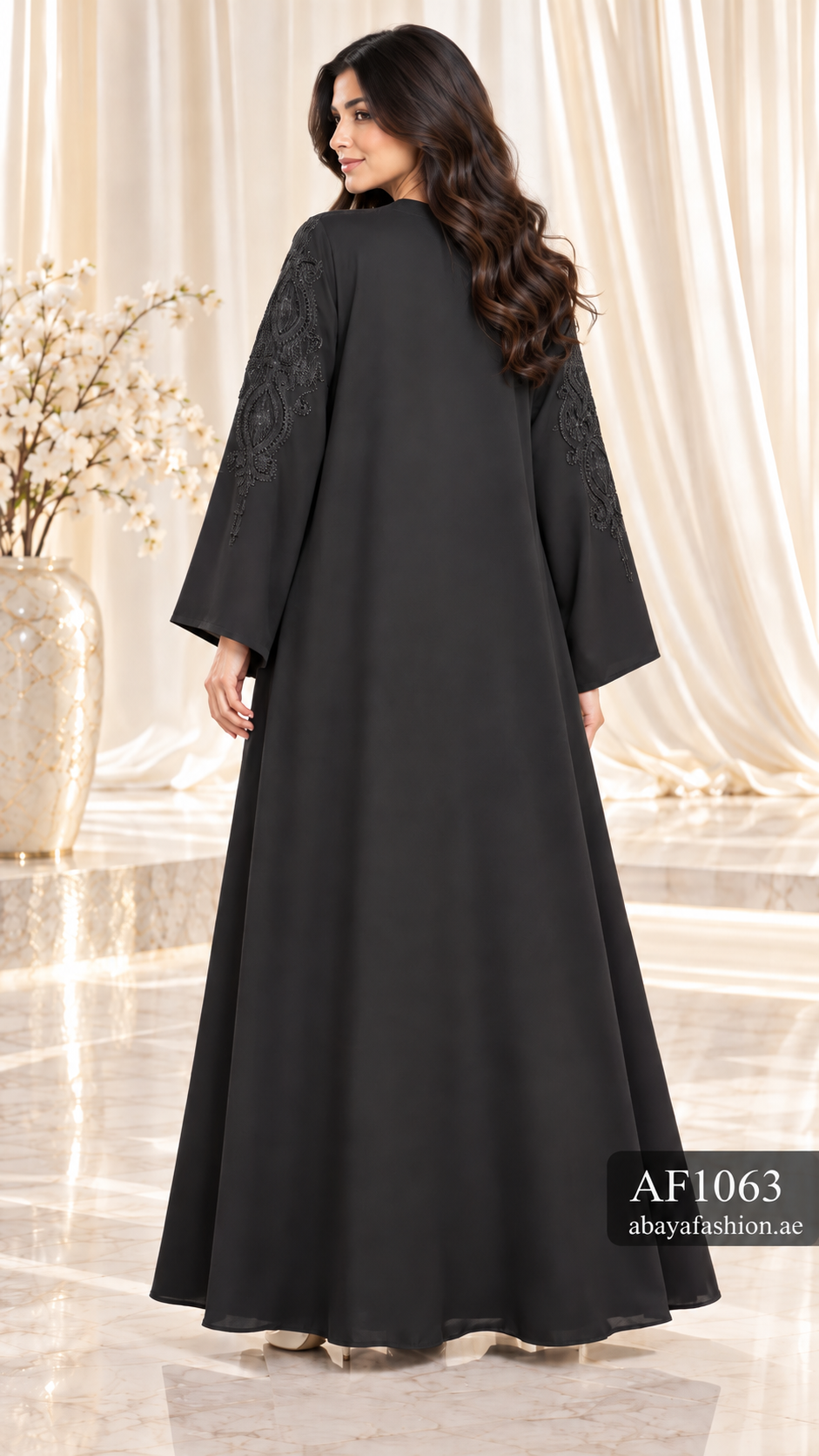 Tonal Ornamental Embroidered Open Abaya - AF1063 - Black - View 3