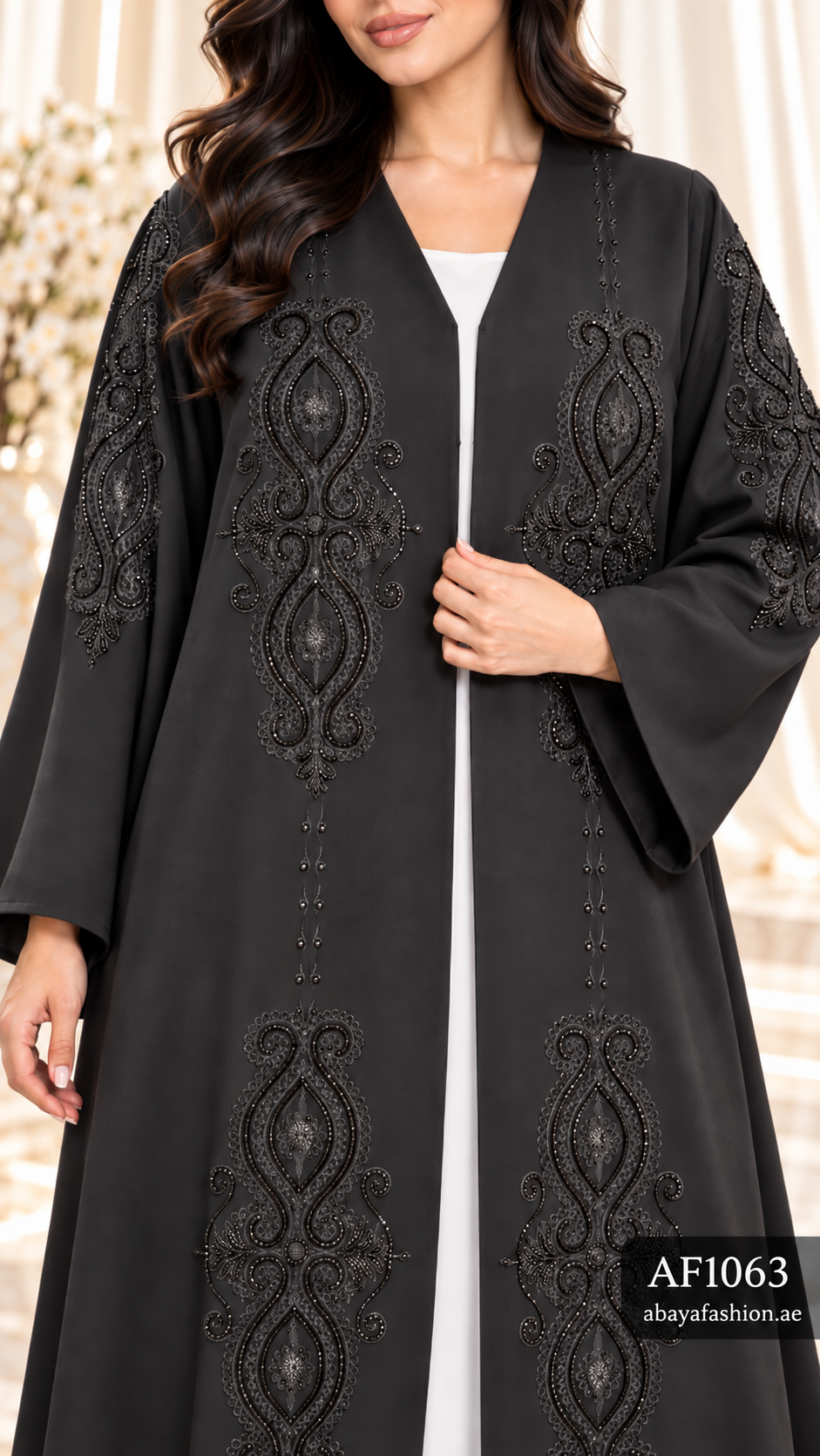 Tonal Ornamental Embroidered Open Abaya - AF1063 - Black - View 4