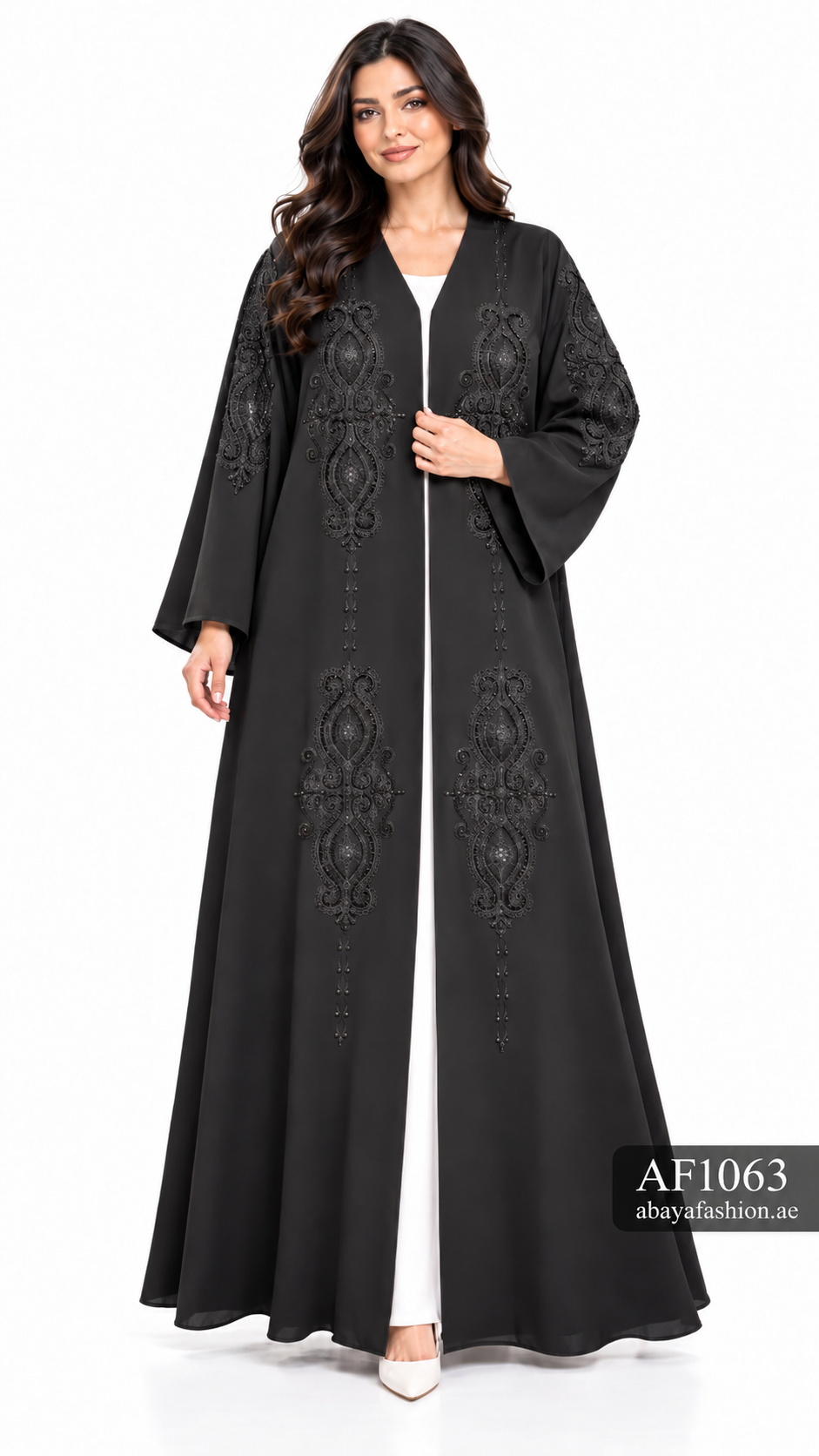 Tonal Ornamental Embroidered Open Abaya - AF1063 - Black - View 5