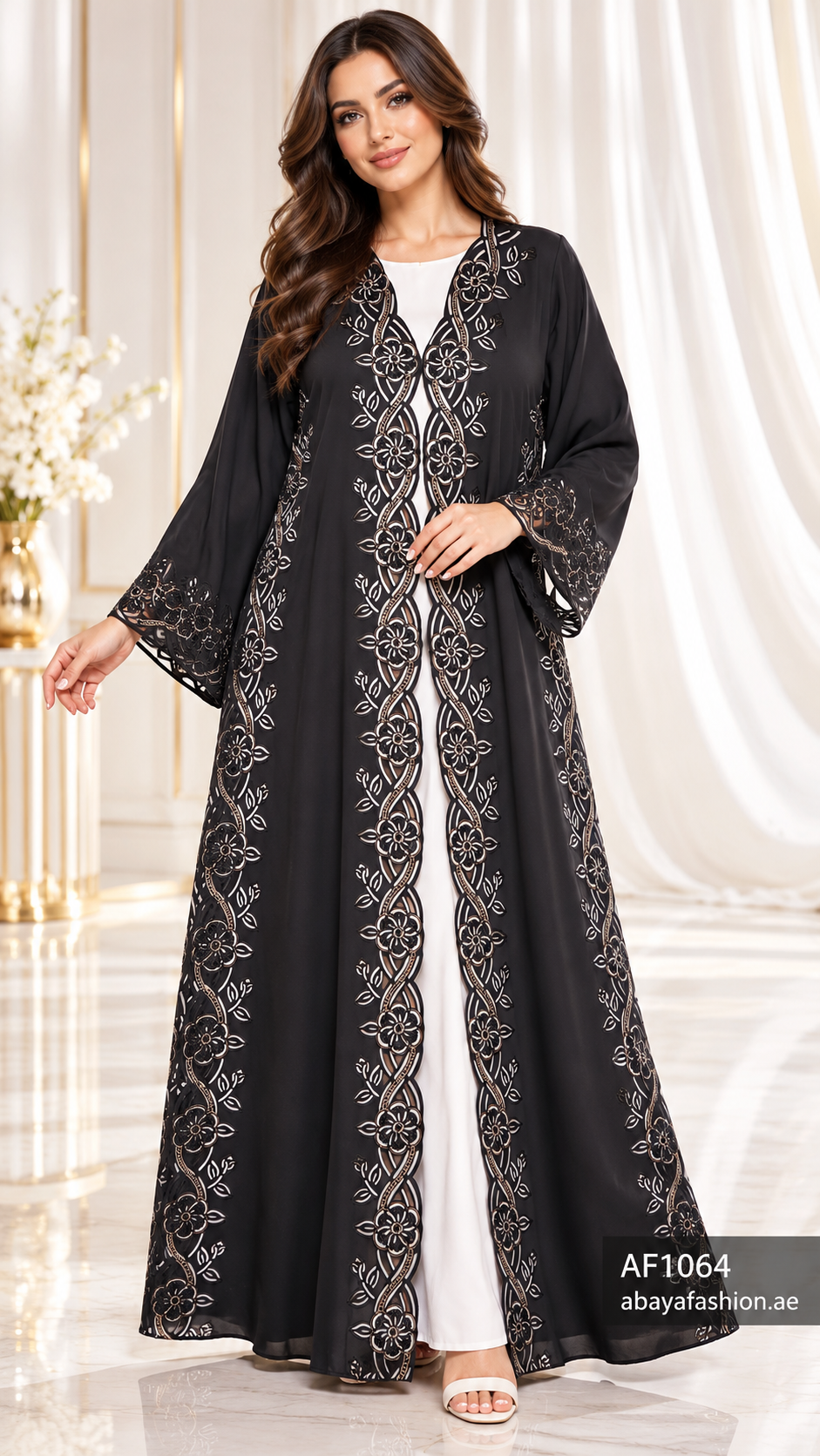 Floral Lattice Border Open Abaya - AF1064 - Black - View 1