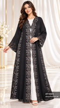 Floral Lattice Border Open Abaya - AF1064 - Black - View 1