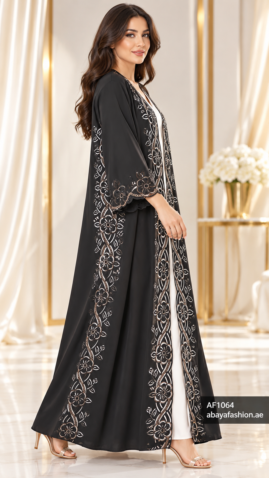 Floral Lattice Border Open Abaya - AF1064 - Black - View 2