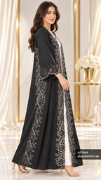 Floral Lattice Border Open Abaya - AF1064 - Black - View 2