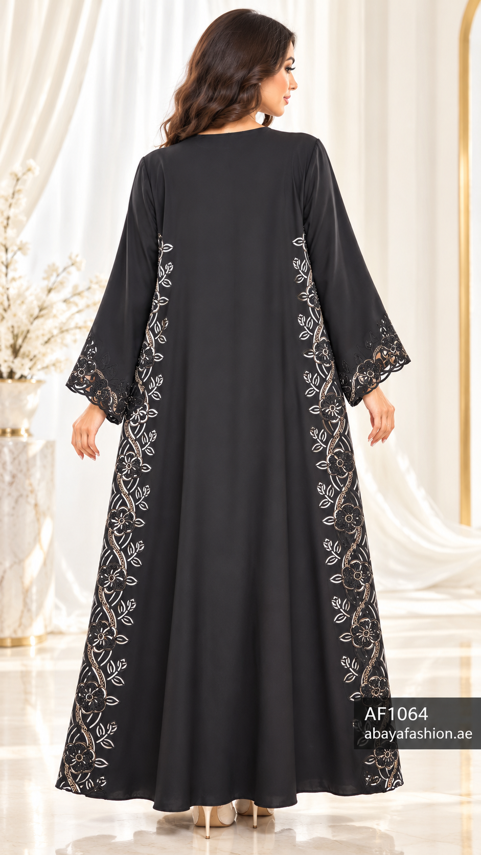 Floral Lattice Border Open Abaya - AF1064 - Black - View 3