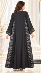 Floral Lattice Border Open Abaya - AF1064 - Black - View 3