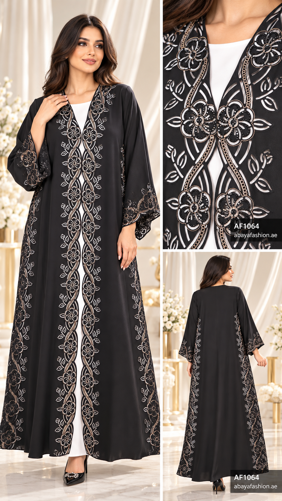 Floral Lattice Border Open Abaya - AF1064 - Black - View 4
