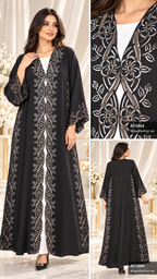 Floral Lattice Border Open Abaya - AF1064 - Black - View 4