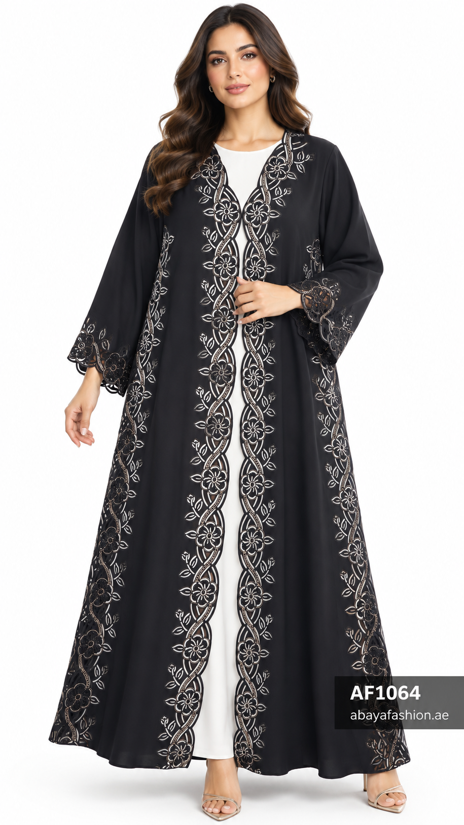 Floral Lattice Border Open Abaya - AF1064 - Black - View 5
