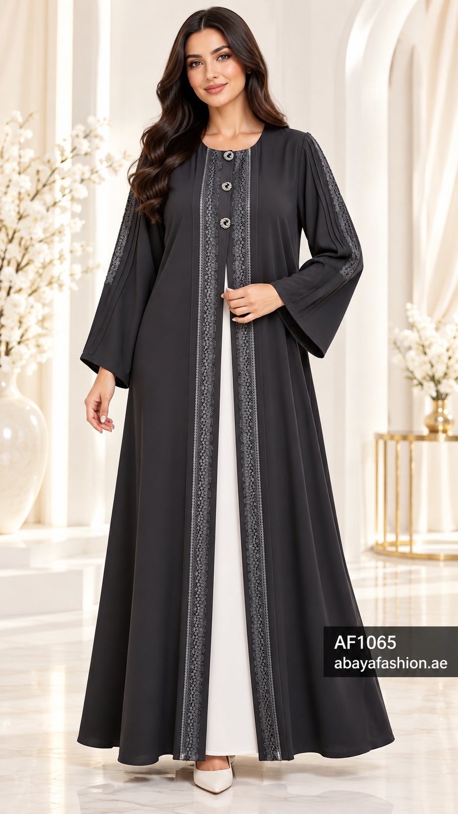 Decorative Button Trim Open Abaya - AF1065 - Black - View 1