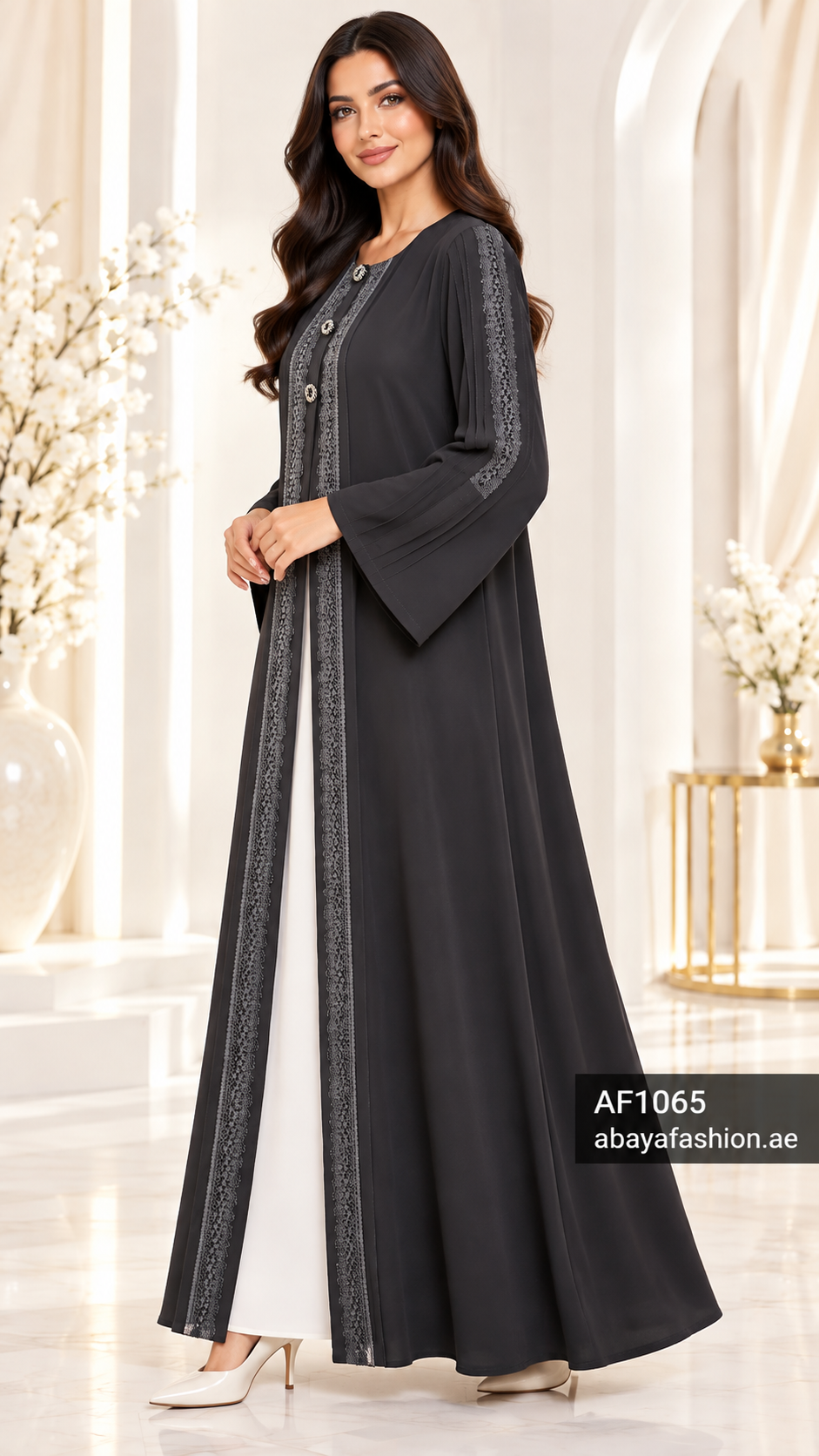 Decorative Button Trim Open Abaya - AF1065 - Black - View 2