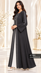 Decorative Button Trim Open Abaya - AF1065 - Black - View 2