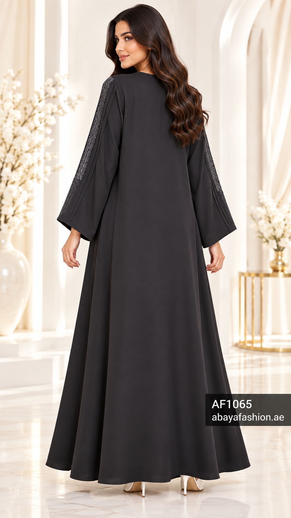 Decorative Button Trim Open Abaya - AF1065 - Black - View 3