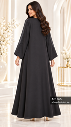 Decorative Button Trim Open Abaya - AF1065 - Black - View 3