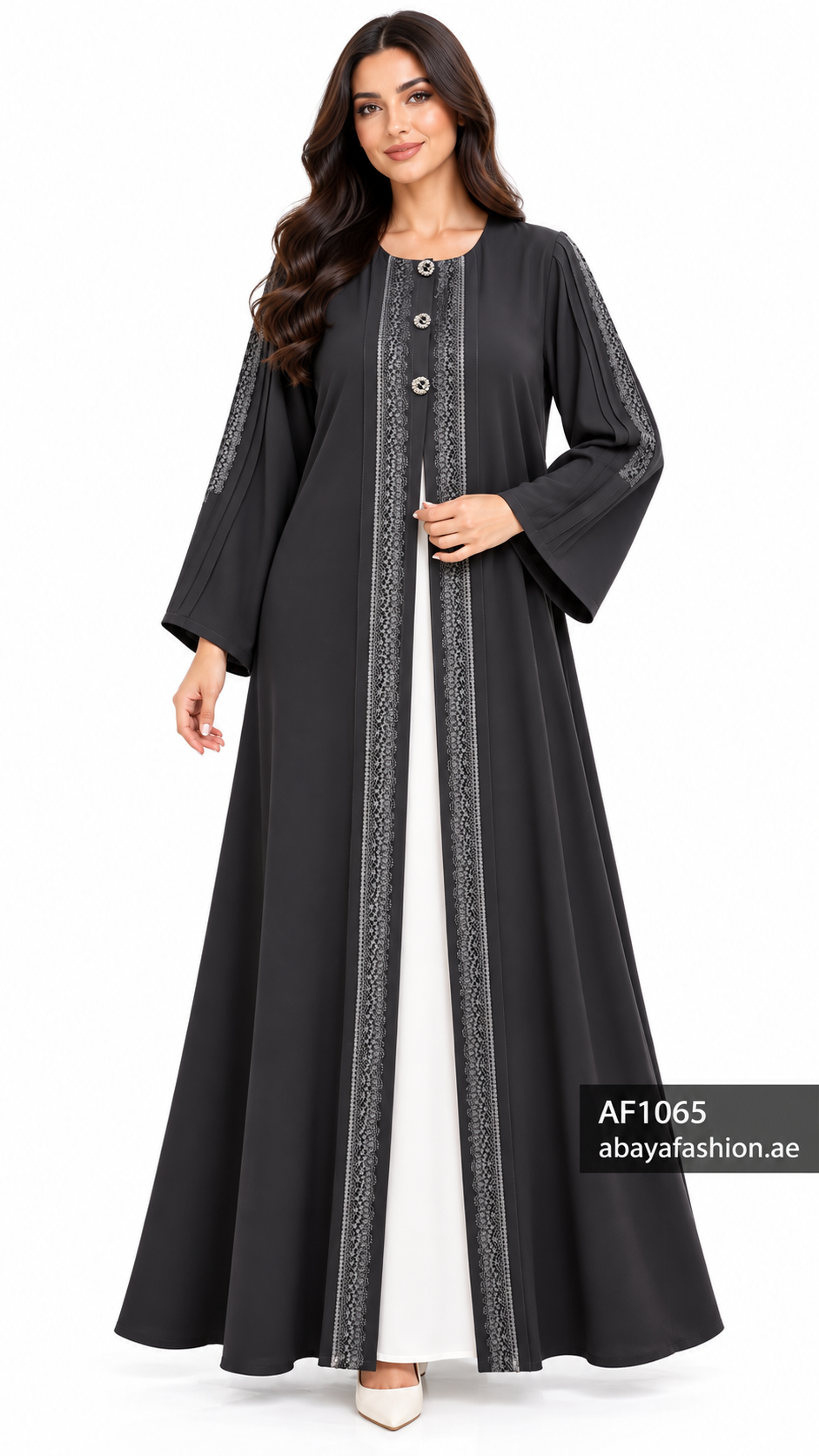 Decorative Button Trim Open Abaya - AF1065 - Black - View 5