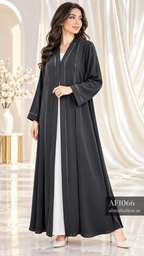 Vertical Line Detail Open Abaya - AF1066 - Black - View 2