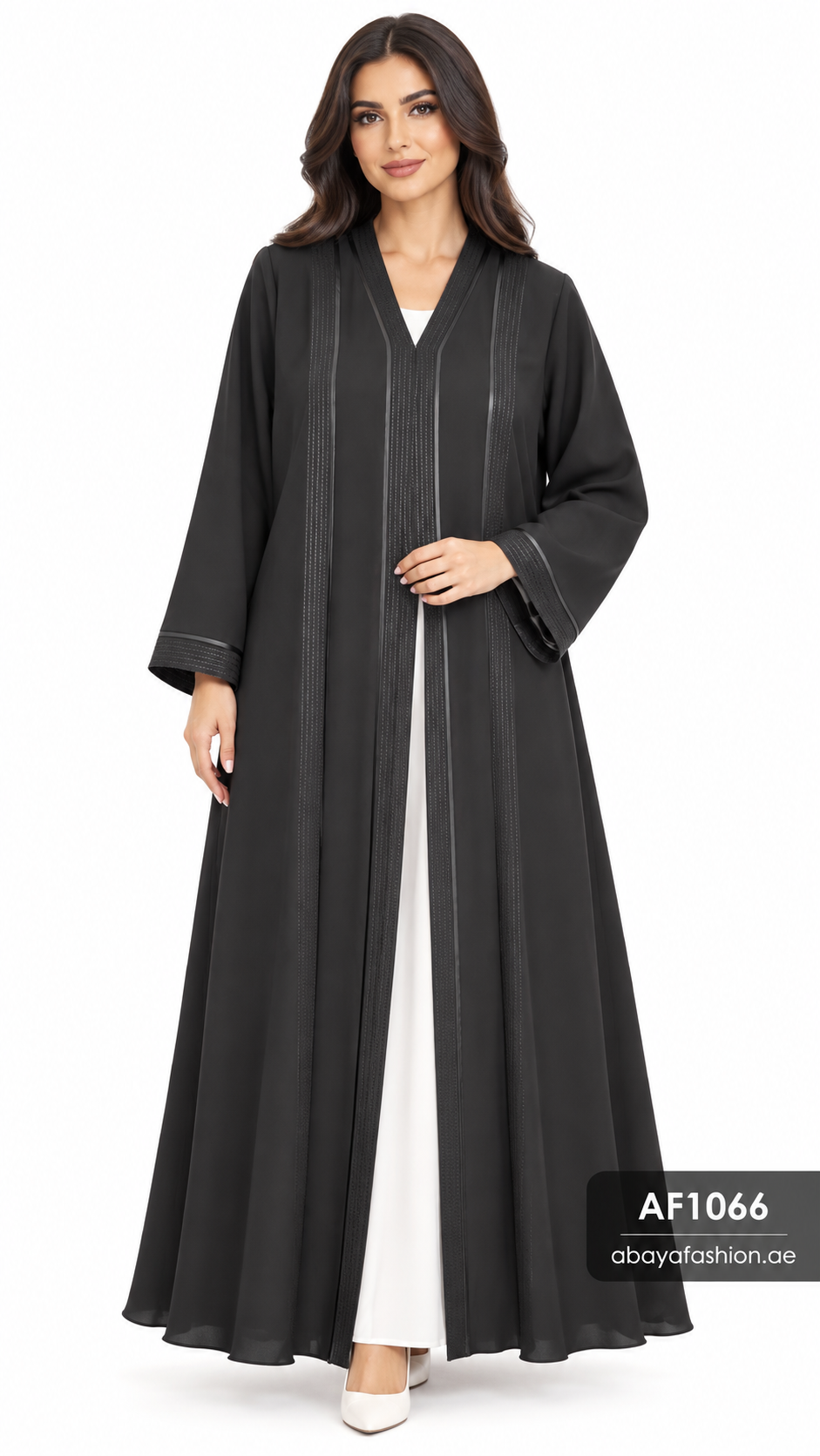 Vertical Line Detail Open Abaya - AF1066 - Black - View 5