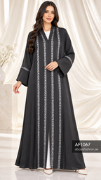 Silver Geometric Stripe Open Abaya - AF1067 - Black - View 1